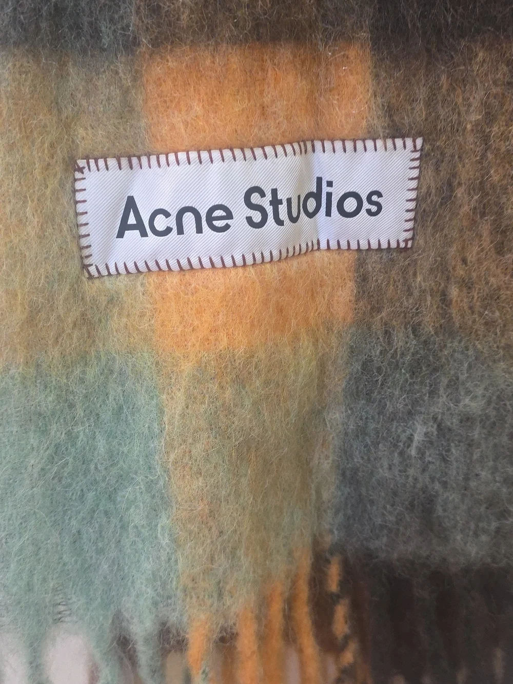 Acne Plaid Mohair-Blend Scarf in Green, Mustard, Brown, Gray, Cream - Picture 2 of 3